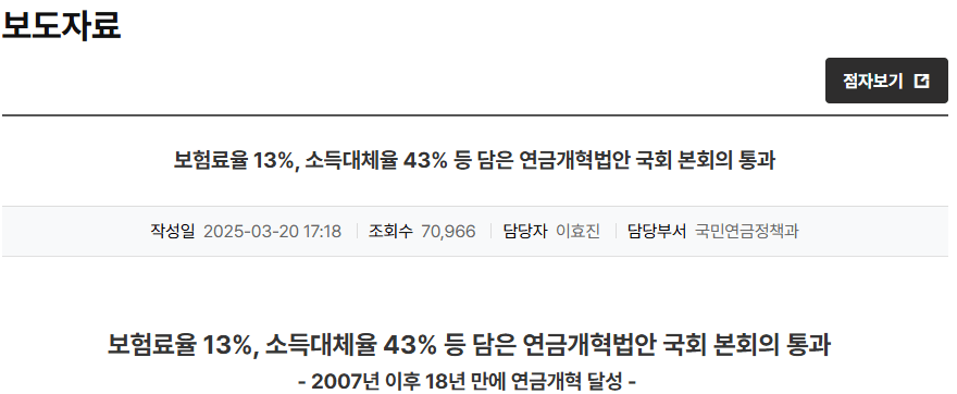 국민연금 소득대체율 43% 인상
보건복지부 보도자료