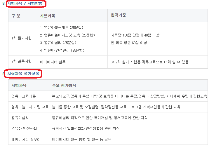베이비시터 자격증
시험과목