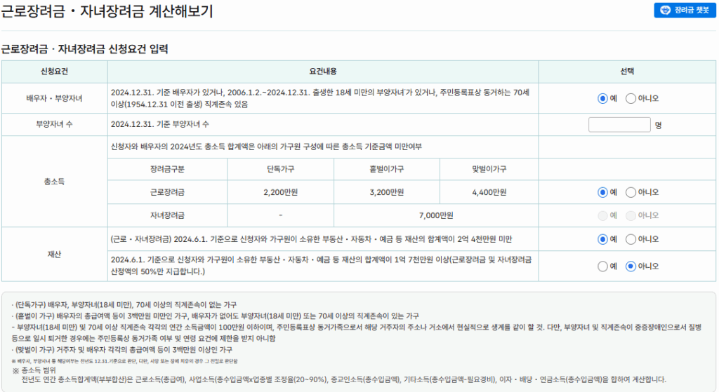 홈택스 홑벌이 가구 근로장려금 계산해 보기