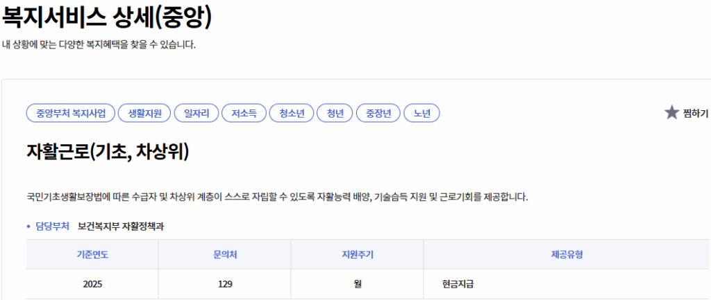 조건부수급자 생계급여
복지부 자활근로 상세정보